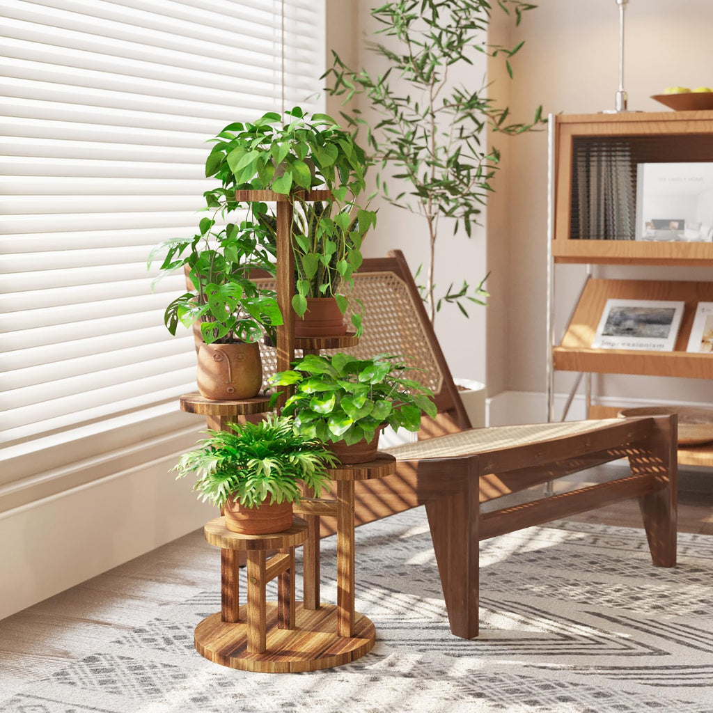 Bamworld Holz Blumenständer Multilevel Pflanzenregal – Raumsparendes Pflanzenträger mit 5 Ebenen für Wohnzimmer & Garten, Als Blumentreppe mit Mehrschichten