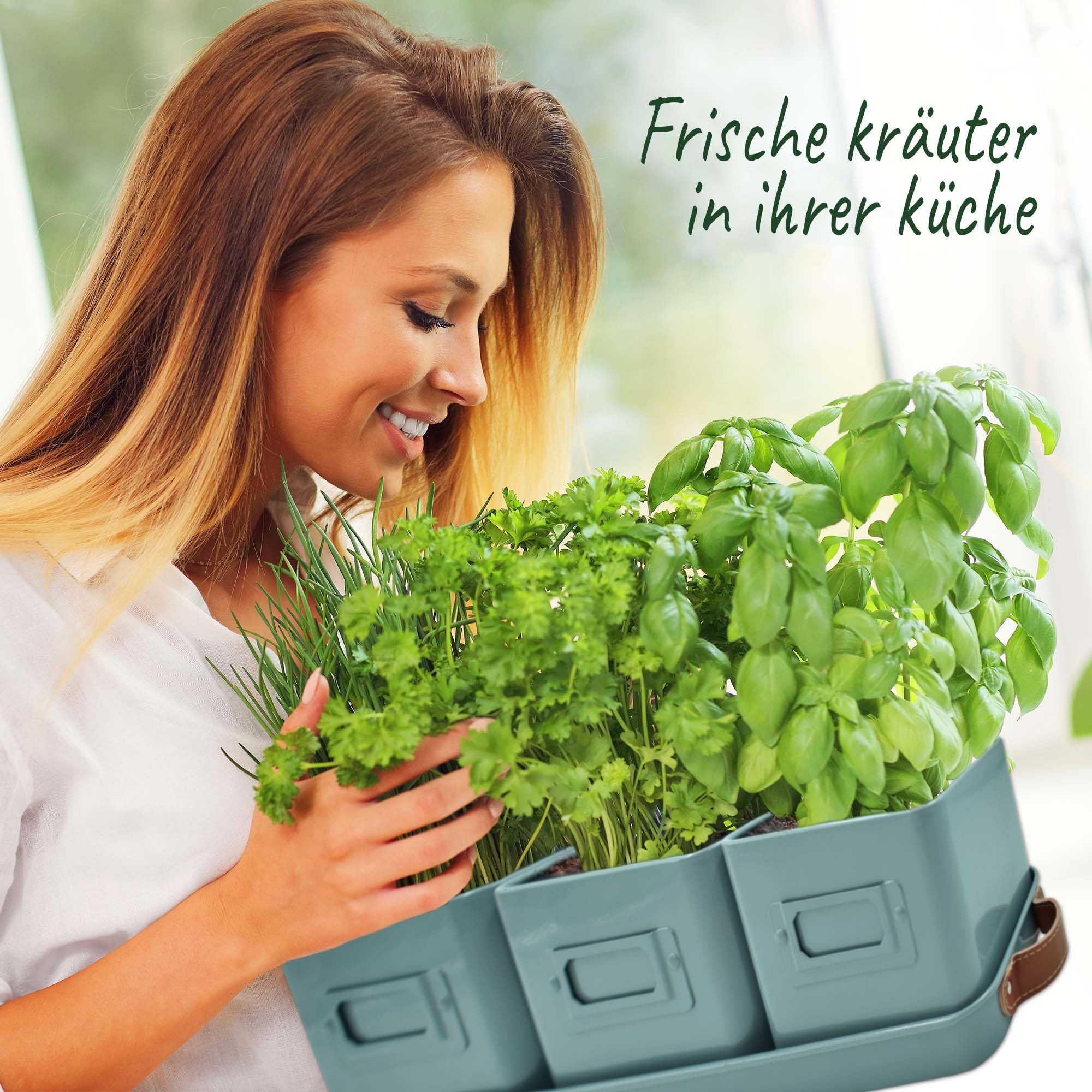 Green Thumbz 3 STK. Kräutertopf - Kräutertöpfe für Deinen Kräutergarten und Fensterbank Innen Dekoration - Basilikum Topf mit Ledergriffen & Untersetzer - Küchenkräuter Topf (Tealblau)