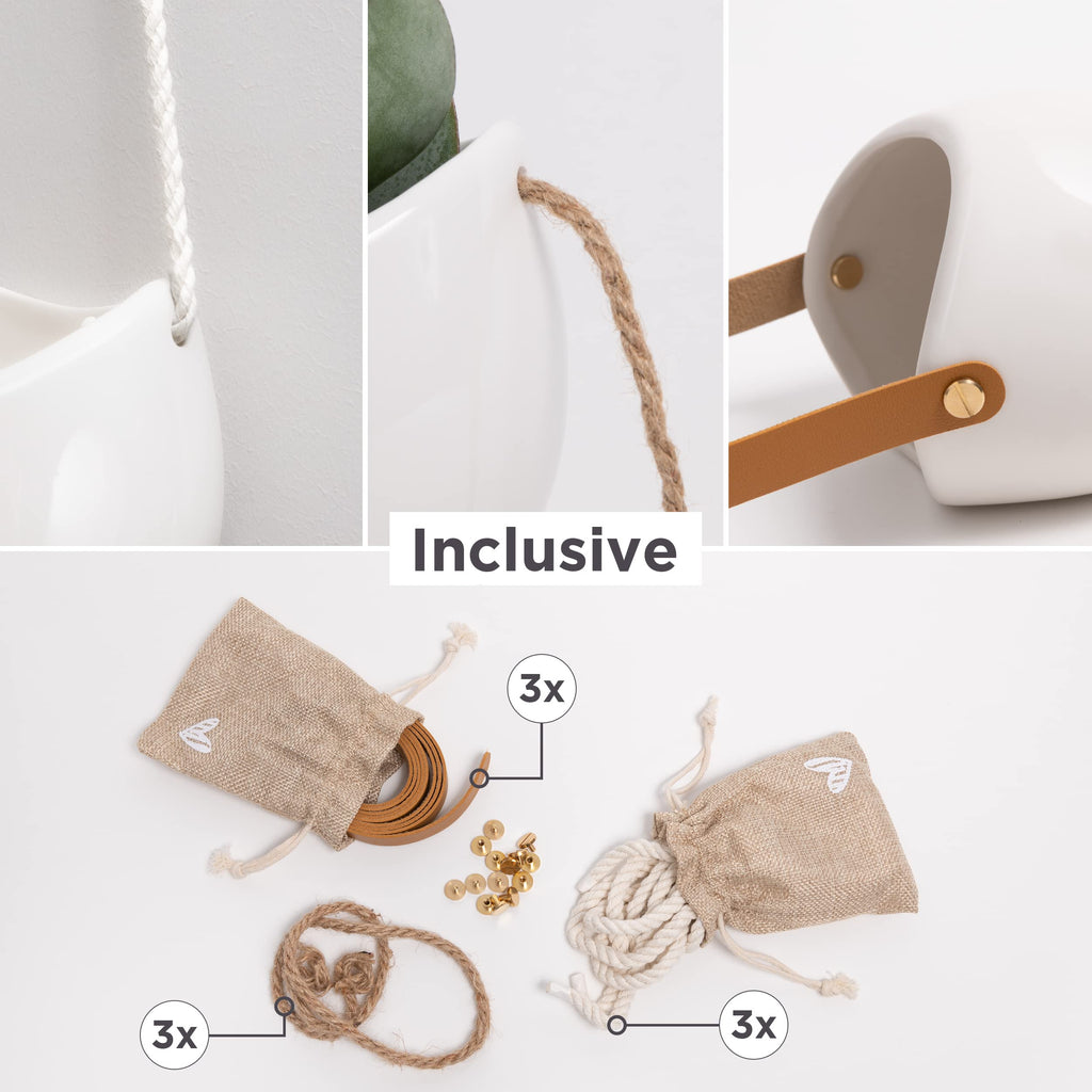 Kazai. Wandvasen -Ellie- | Hängende Keramik-Blumentöpfe 3-teilig | Wand-Deko für Zimmer, Balkon und Garten | Weiss (glänzend)