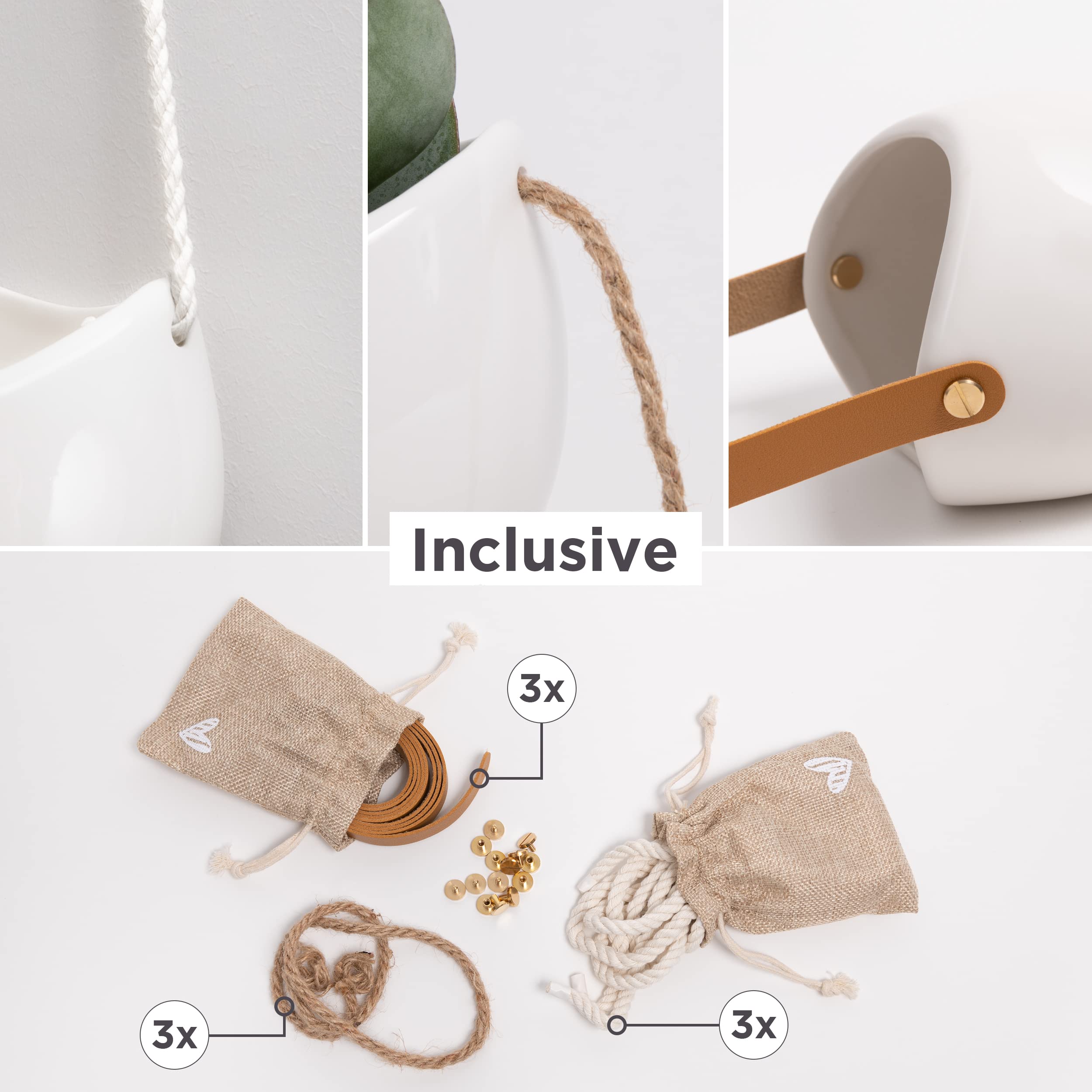 Kazai. Wandvasen -Ellie- | Hängende Keramik-Blumentöpfe 3-teilig | Wand-Deko für Zimmer, Balkon und Garten | Weiss (glänzend)