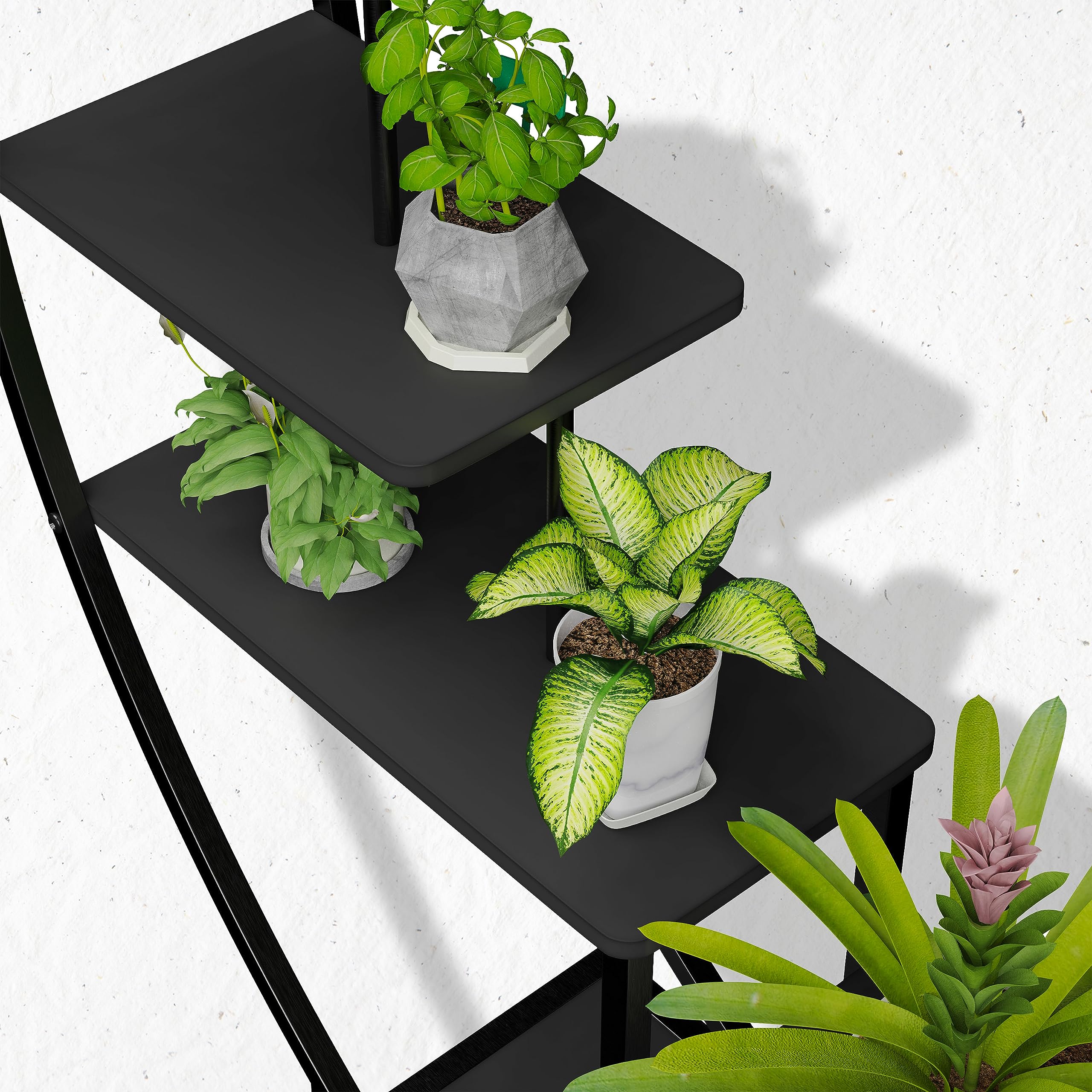 Ribelli 5-stufiger Metall-Pflanzenständer in Halbmondform 172cm, Pflanzenregal mit 5 Ablagen & Haken, Hoch Blumenständer Pflanzentreppe mit Kippschutz für Balkon Wohnzimmer Terrasse (1 Stück, Schwarz)