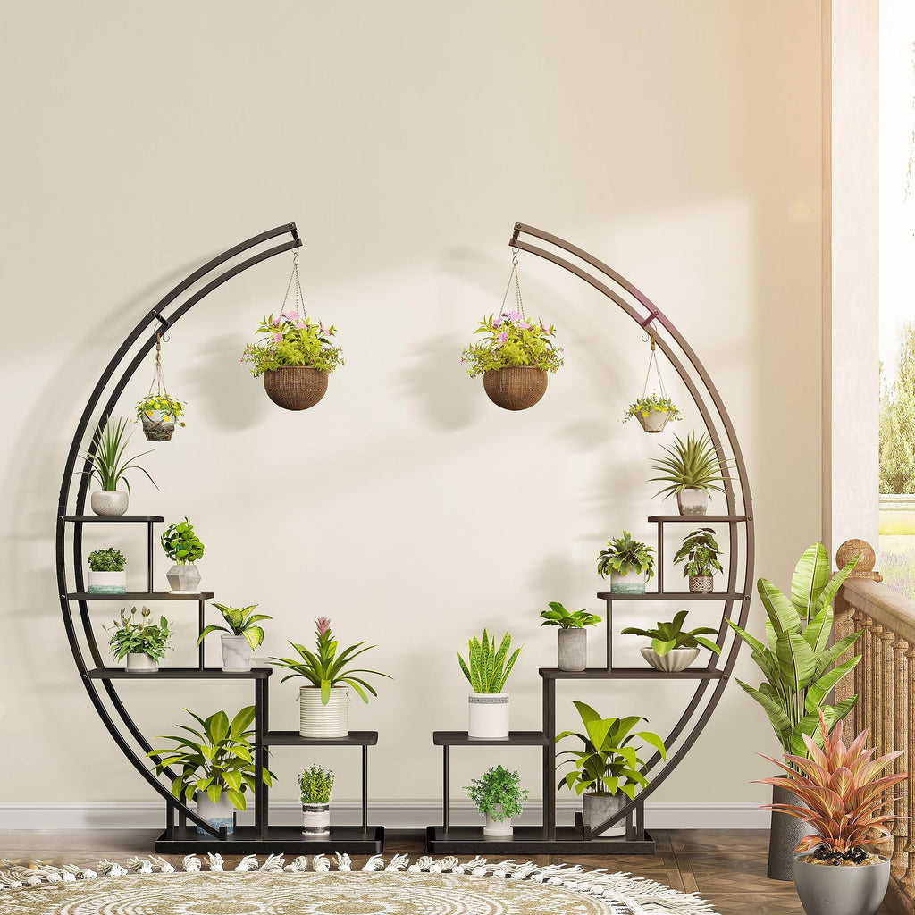Ribelli 5-stufiger Metall-Pflanzenständer in Halbmondform 172cm, Pflanzenregal mit 5 Ablagen & Haken, Hoch Blumenständer Pflanzentreppe mit Kippschutz für Balkon Wohnzimmer Terrasse (1 Stück, Schwarz)