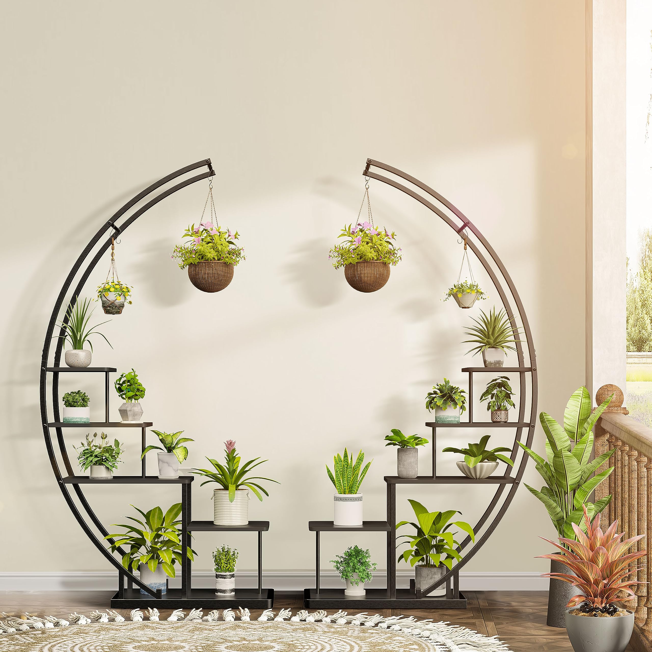 Ribelli 5-stufiger Metall-Pflanzenständer in Halbmondform 172cm, Pflanzenregal mit 5 Ablagen & Haken, Hoch Blumenständer Pflanzentreppe mit Kippschutz für Balkon Wohnzimmer Terrasse (1 Stück, Schwarz)