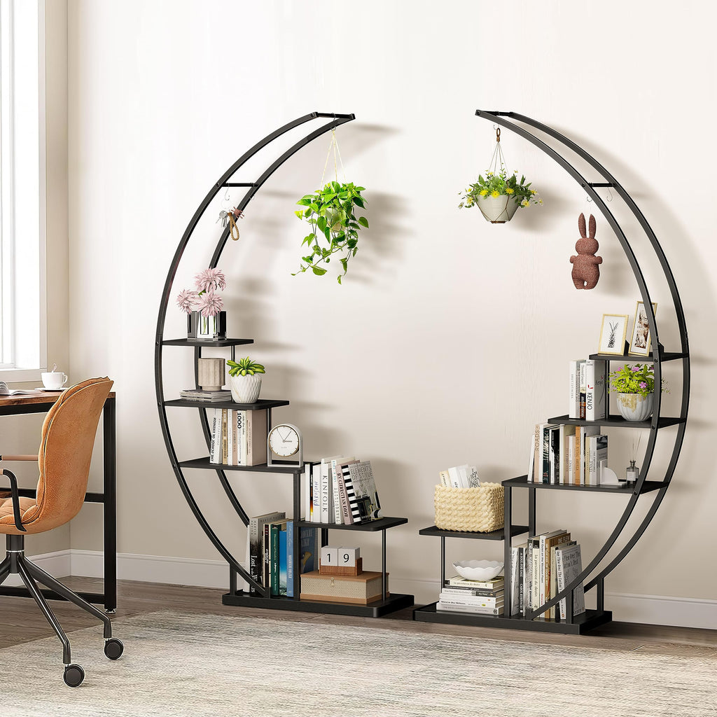 Ribelli 5-stufiger Metall-Pflanzenständer in Halbmondform 172cm, Pflanzenregal mit 5 Ablagen & Haken, Hoch Blumenständer Pflanzentreppe mit Kippschutz für Balkon Wohnzimmer Terrasse (1 Stück, Schwarz)