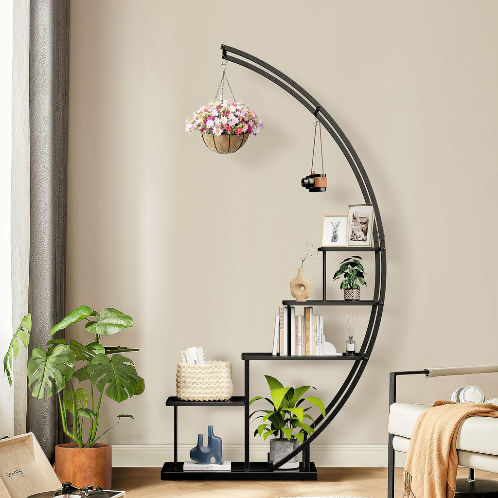 Ribelli 5-stufiger Metall-Pflanzenständer in Halbmondform 172cm, Pflanzenregal mit 5 Ablagen & Haken, Hoch Blumenständer Pflanzentreppe mit Kippschutz für Balkon Wohnzimmer Terrasse (1 Stück, Schwarz)